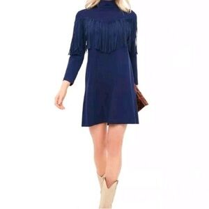Tuckernuck Dress Women Navy Blue Cowgirl Suede Fringe Long Sleeve NWT